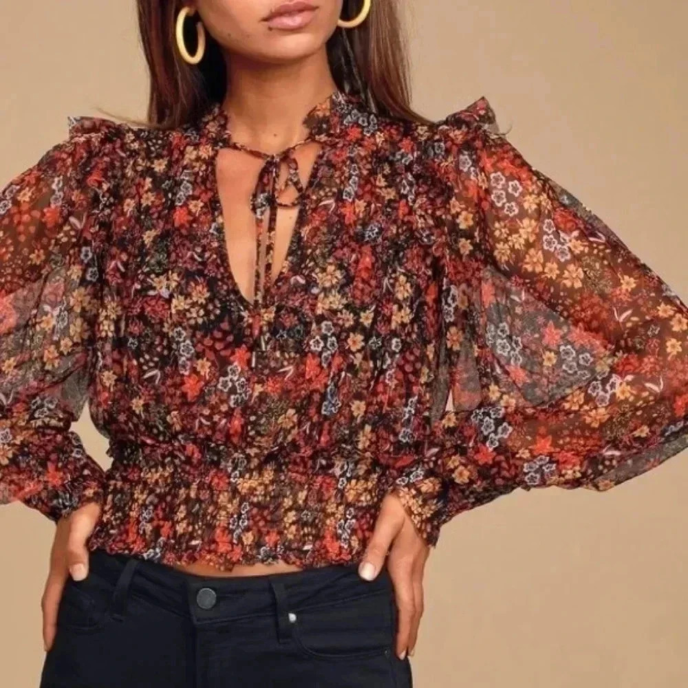 Free People Twyla Cropped Floral Top Sheer Mesh Ruffle Smocked Boho